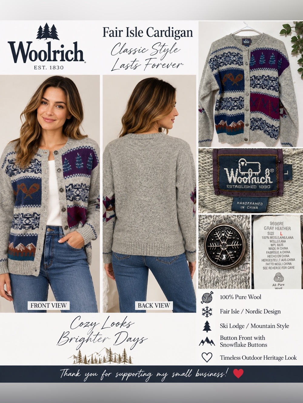 Woolrich 100% Wool Fair Isle Cardigan Sweater Women’s L Gray Nordic Ski Lodge